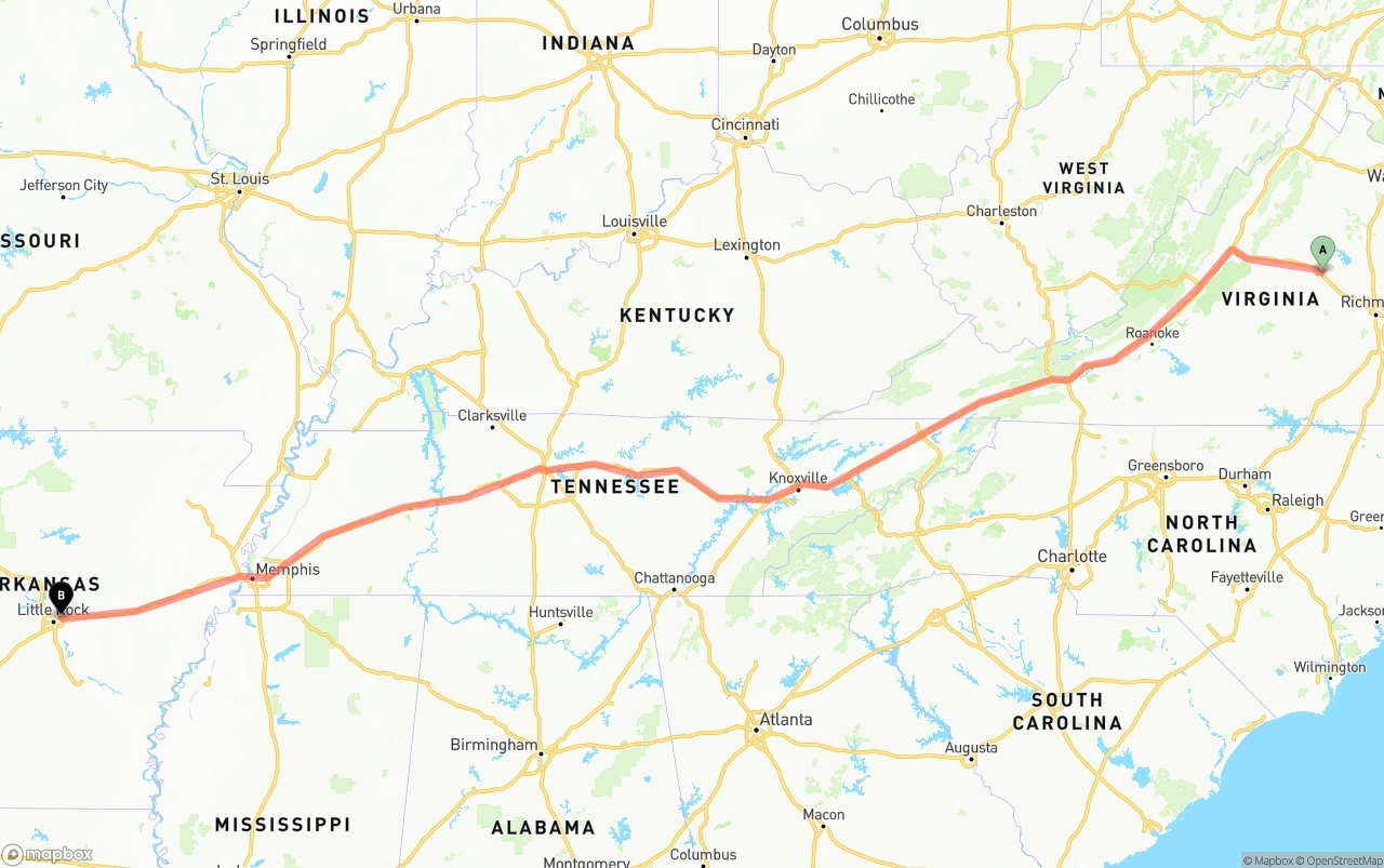 Shipping route from Virginia to Arkansas