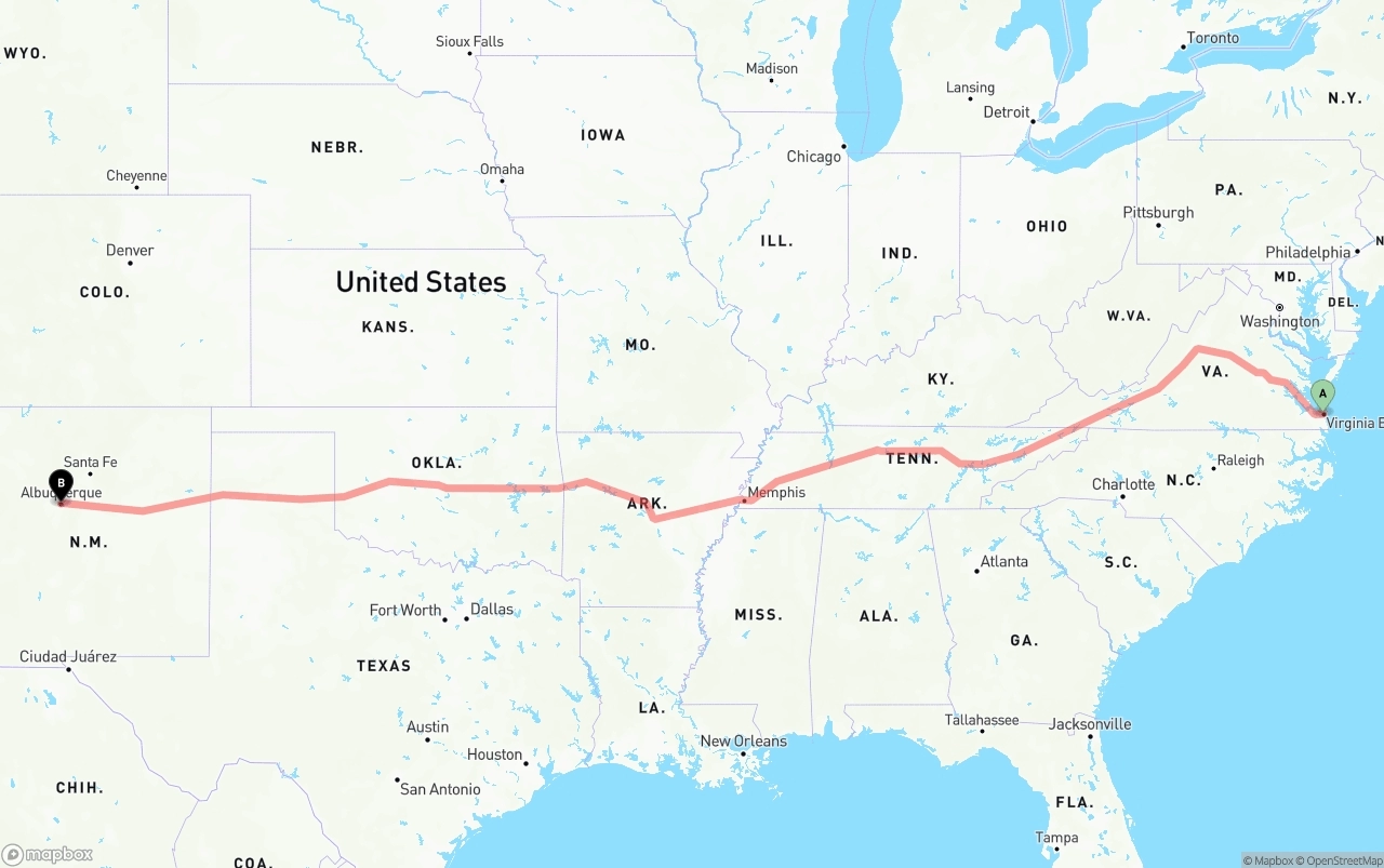 Shipping route from Virginia Beach to Albuquerque