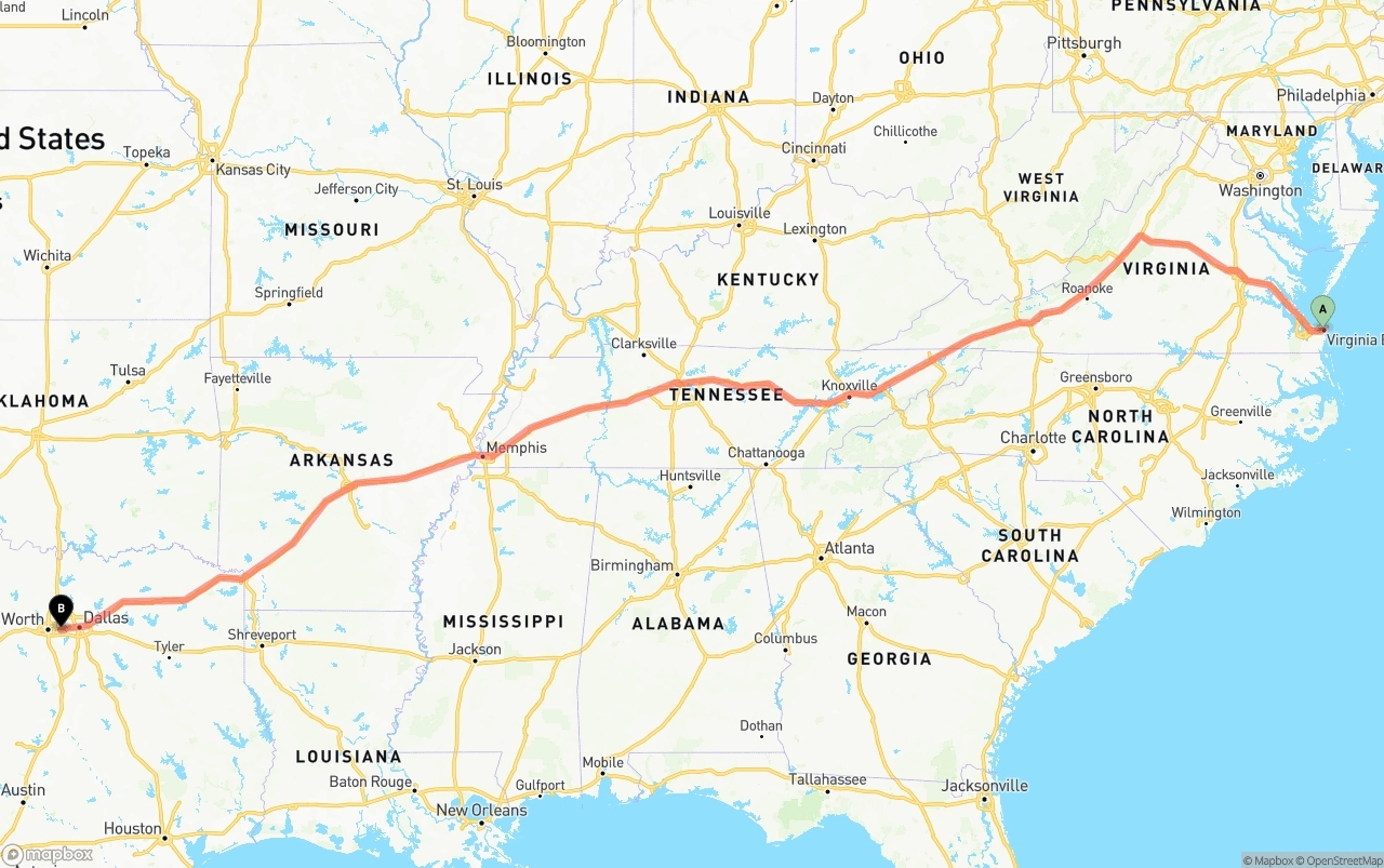 Shipping route from Virginia Beach to Arlington
