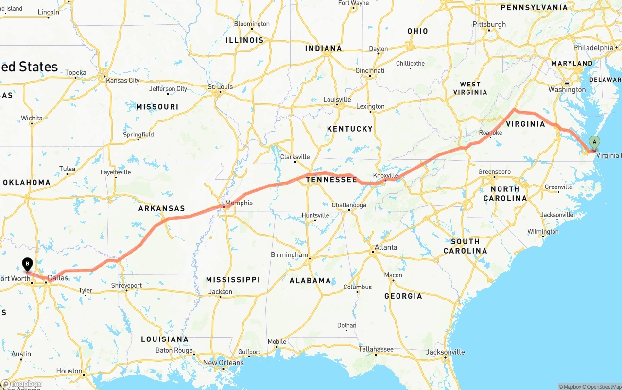 Shipping route from Virginia Beach to Aurora