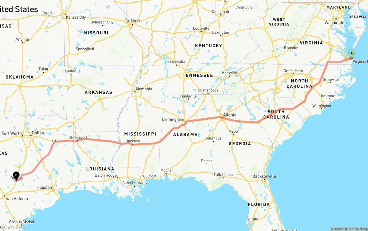 Shipping route from Virginia Beach to Austin