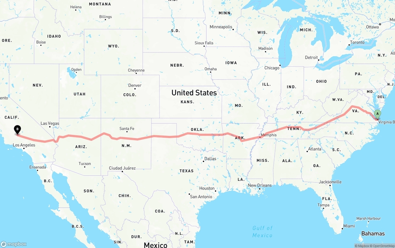 Shipping route from Virginia Beach to Bakersfield