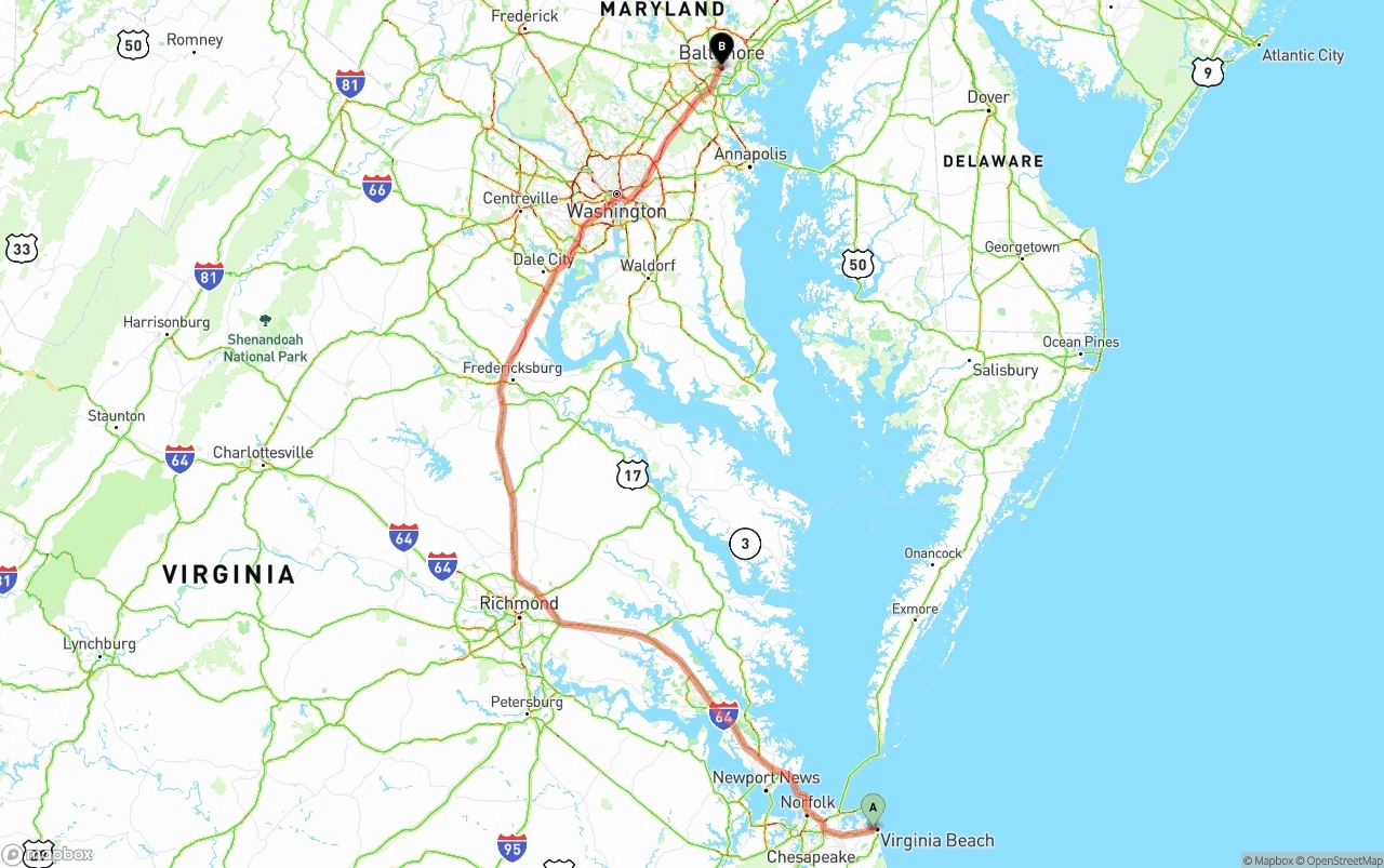 Shipping route from Virginia Beach to Baltimore
