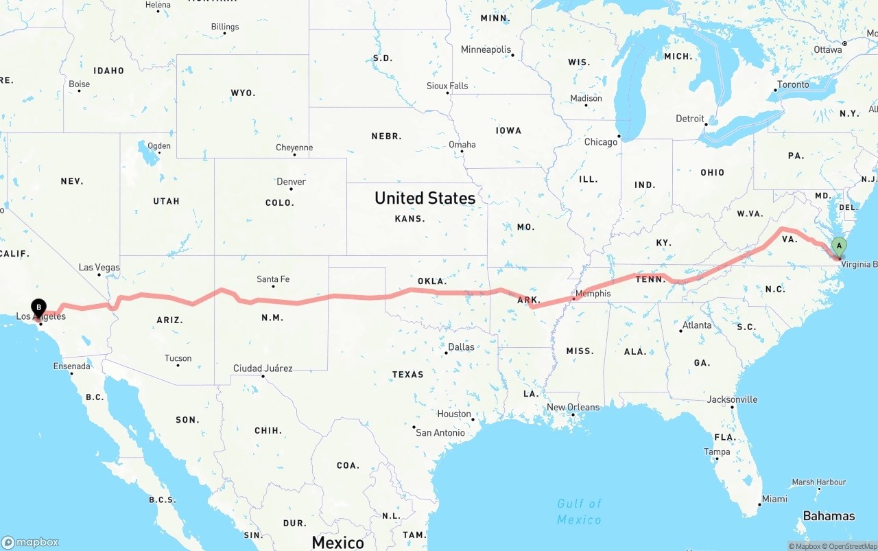 Shipping route from Virginia Beach to Bob Hope Airport
