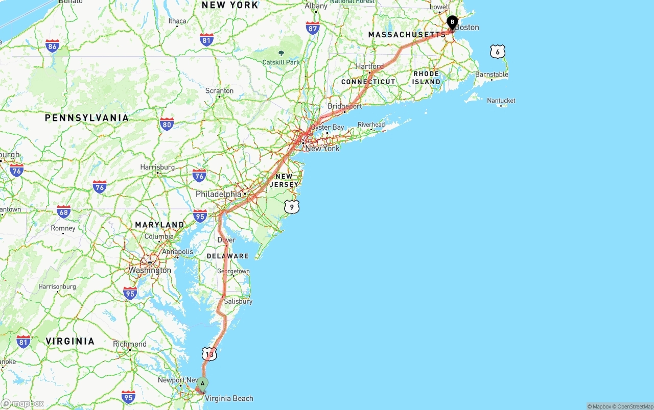 Shipping route from Virginia Beach to Boston