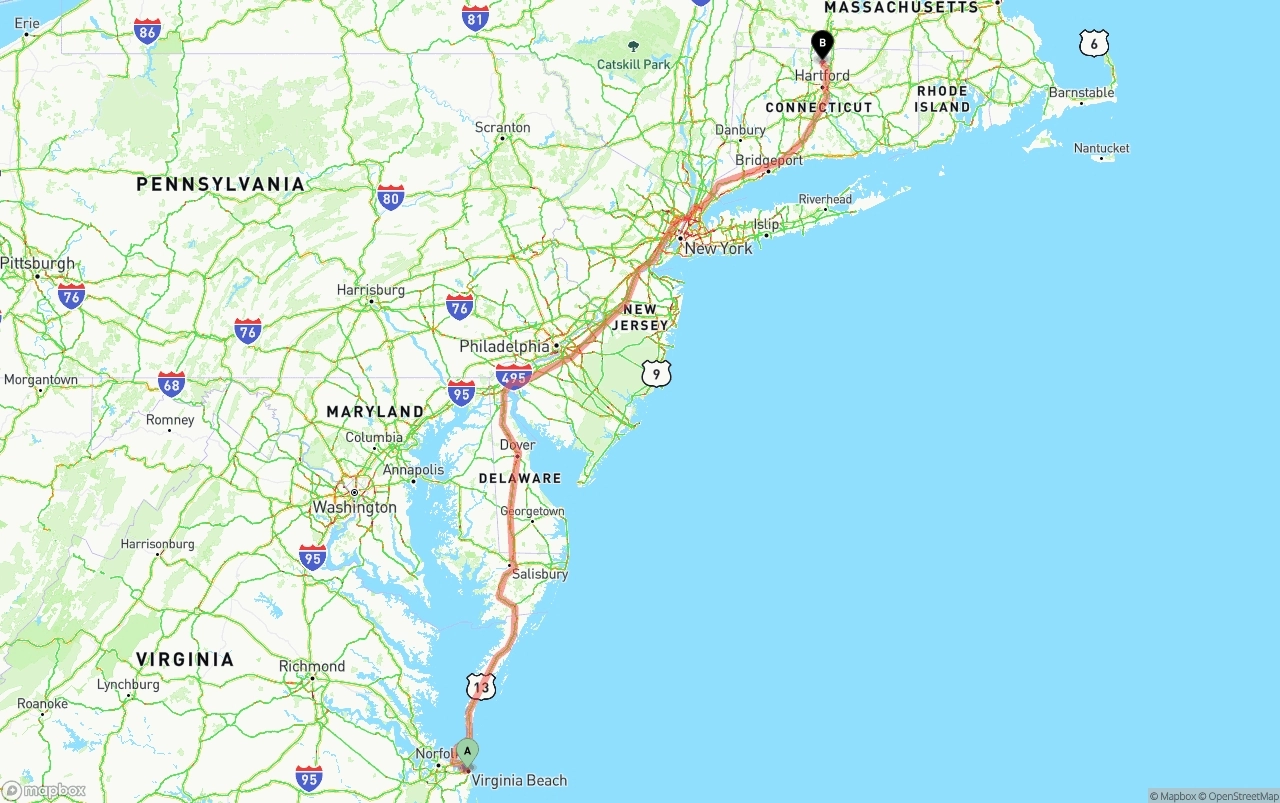 Shipping route from Virginia Beach to Bradley International Airport