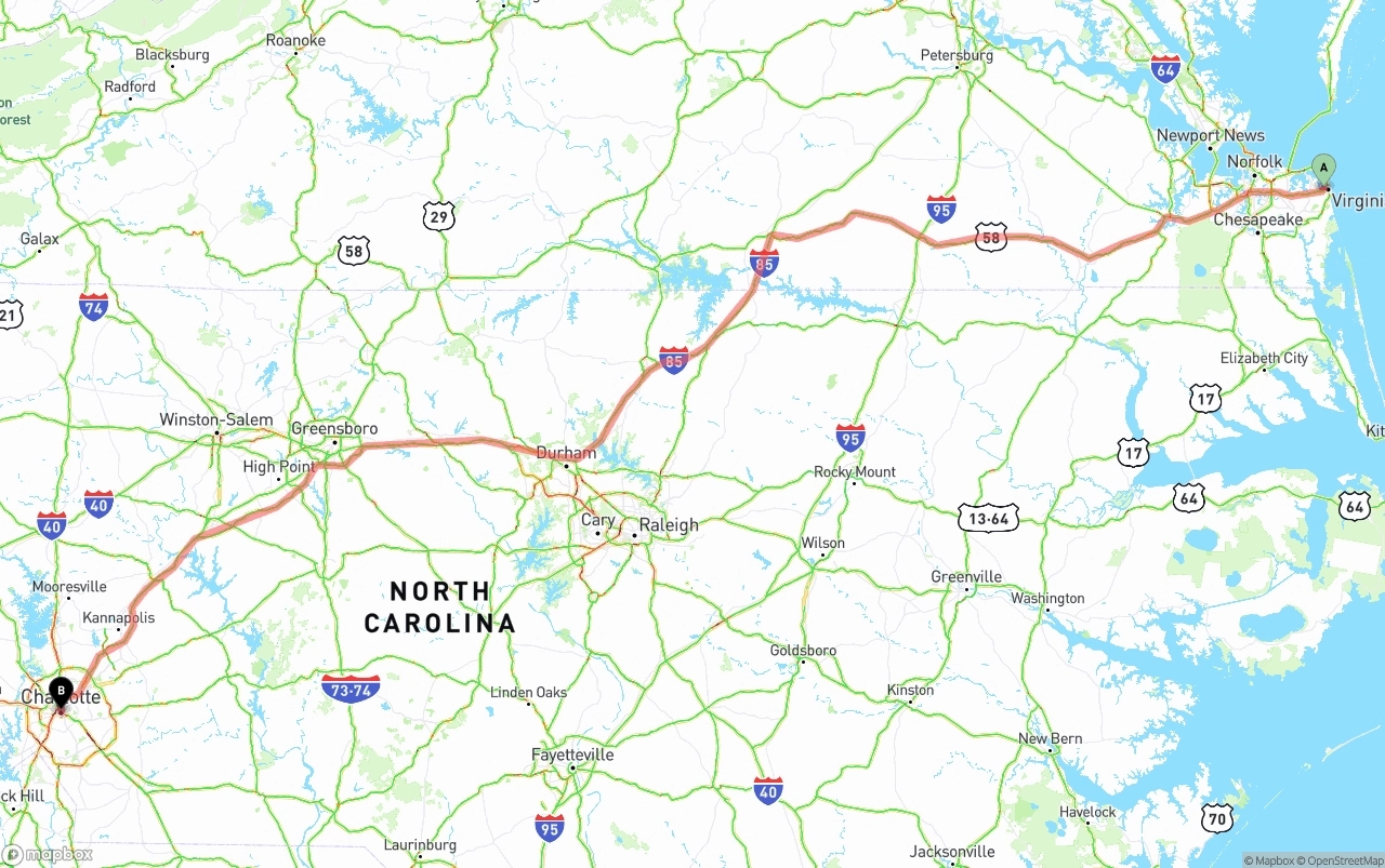 Shipping route from Virginia Beach to Charlotte