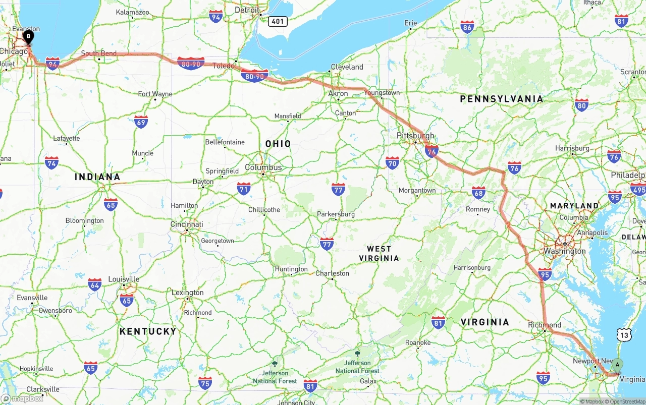 Shipping route from Virginia Beach to Chicago