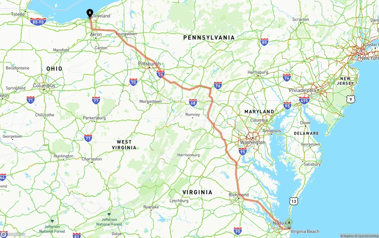 Shipping route from Virginia Beach to Cleveland