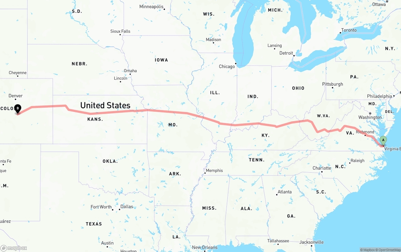 Shipping route from Virginia Beach to Colorado Springs
