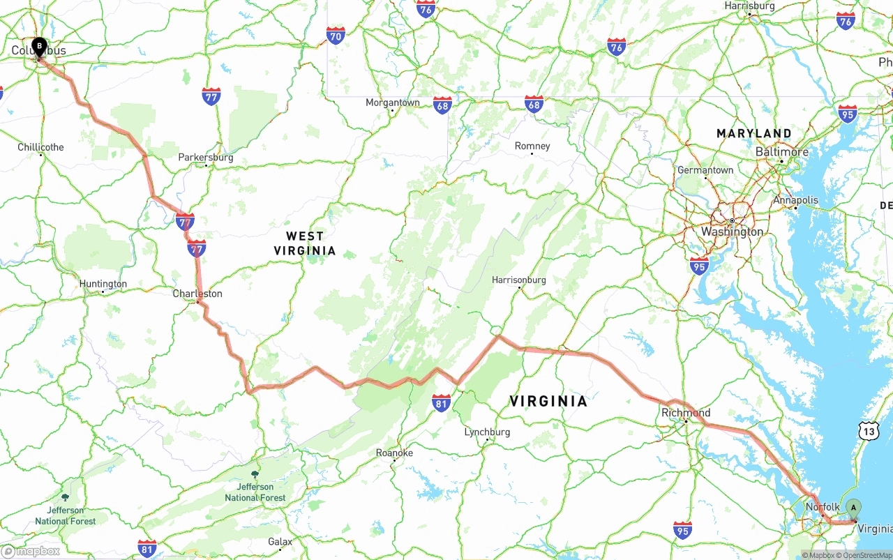 Shipping route from Virginia Beach to Columbus
