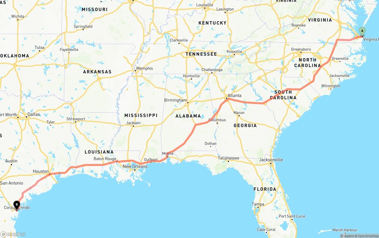 Shipping route from Virginia Beach to Corpus Christi