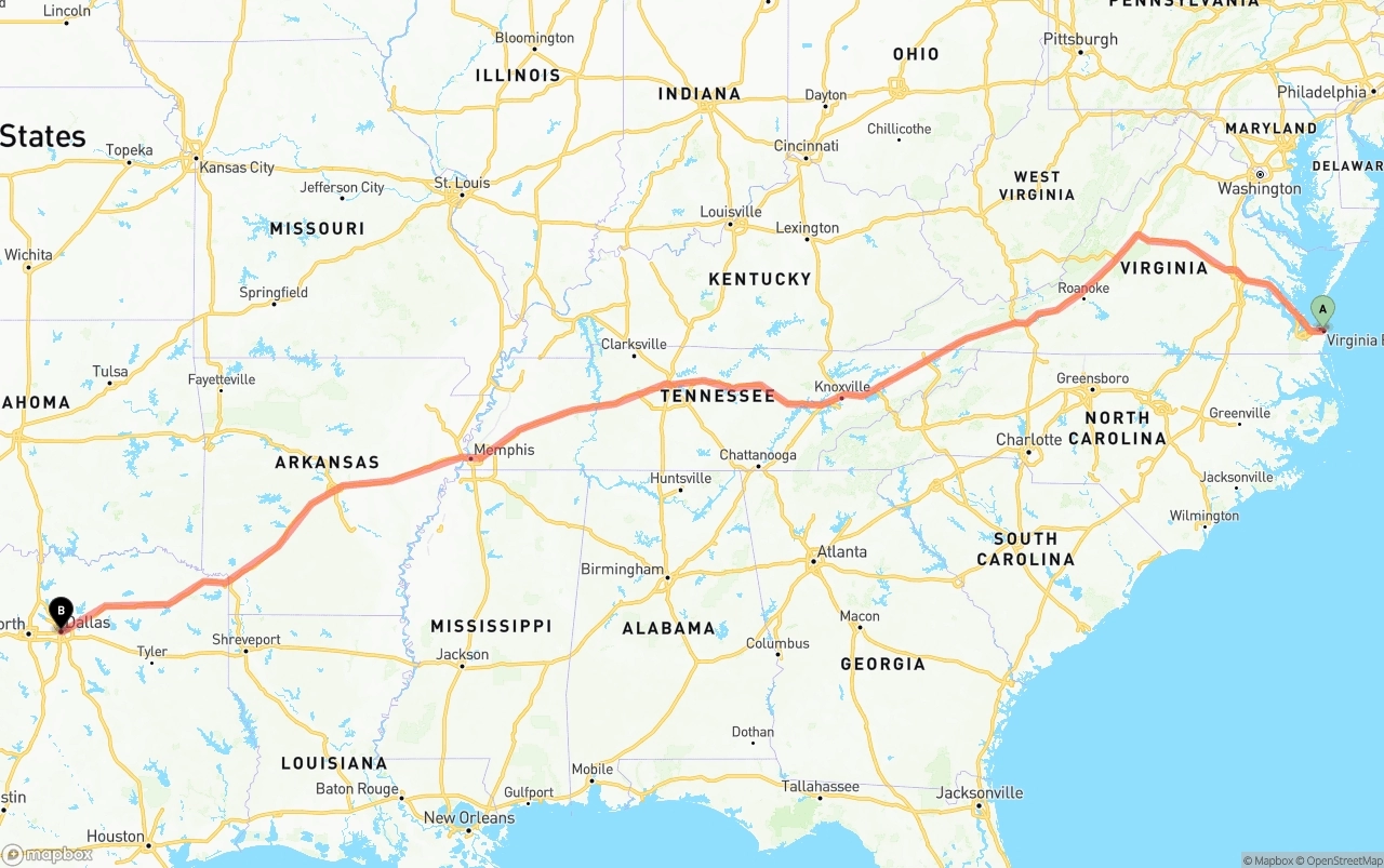 Shipping route from Virginia Beach to Dallas