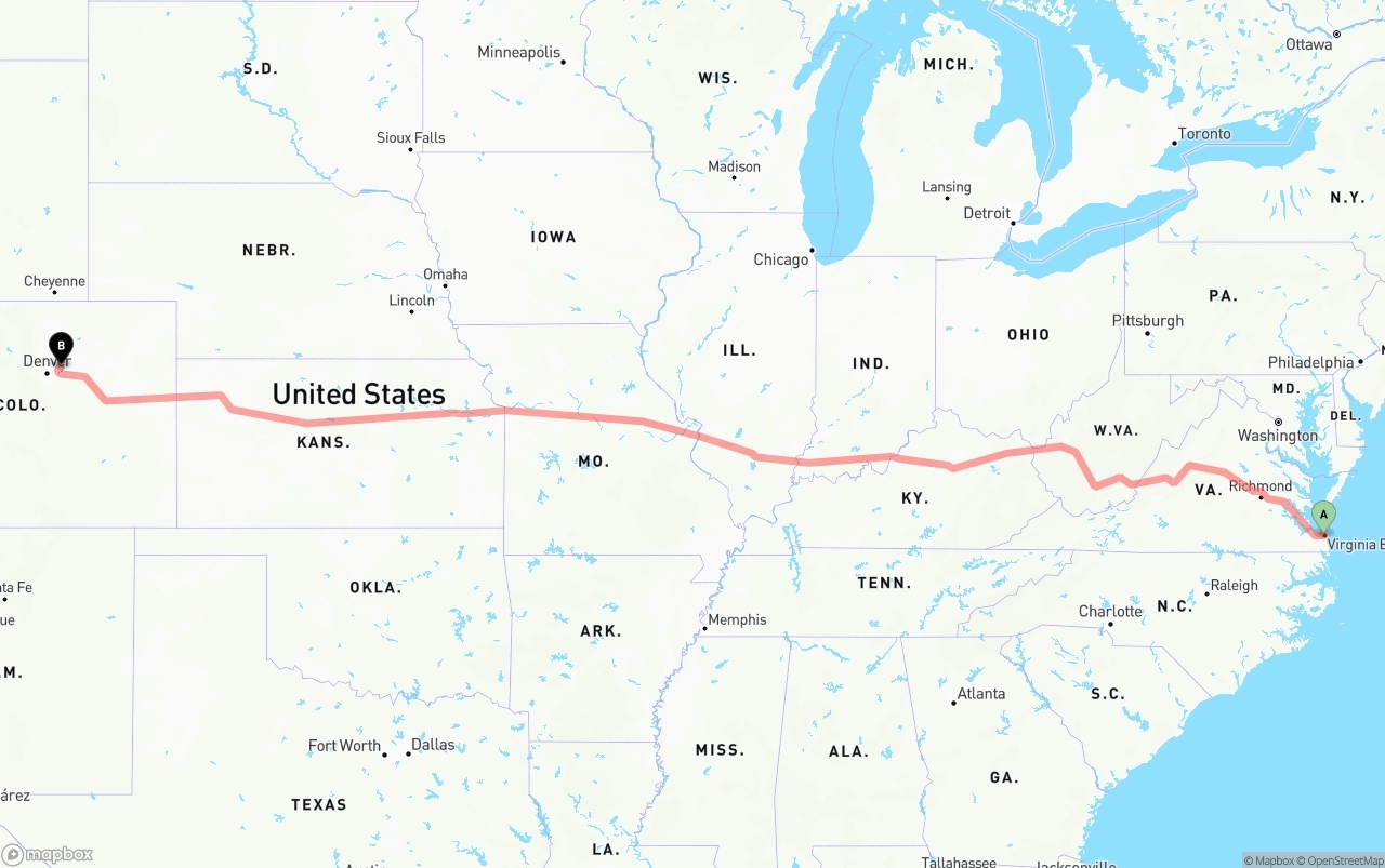 Shipping route from Virginia Beach to Denver International Airport