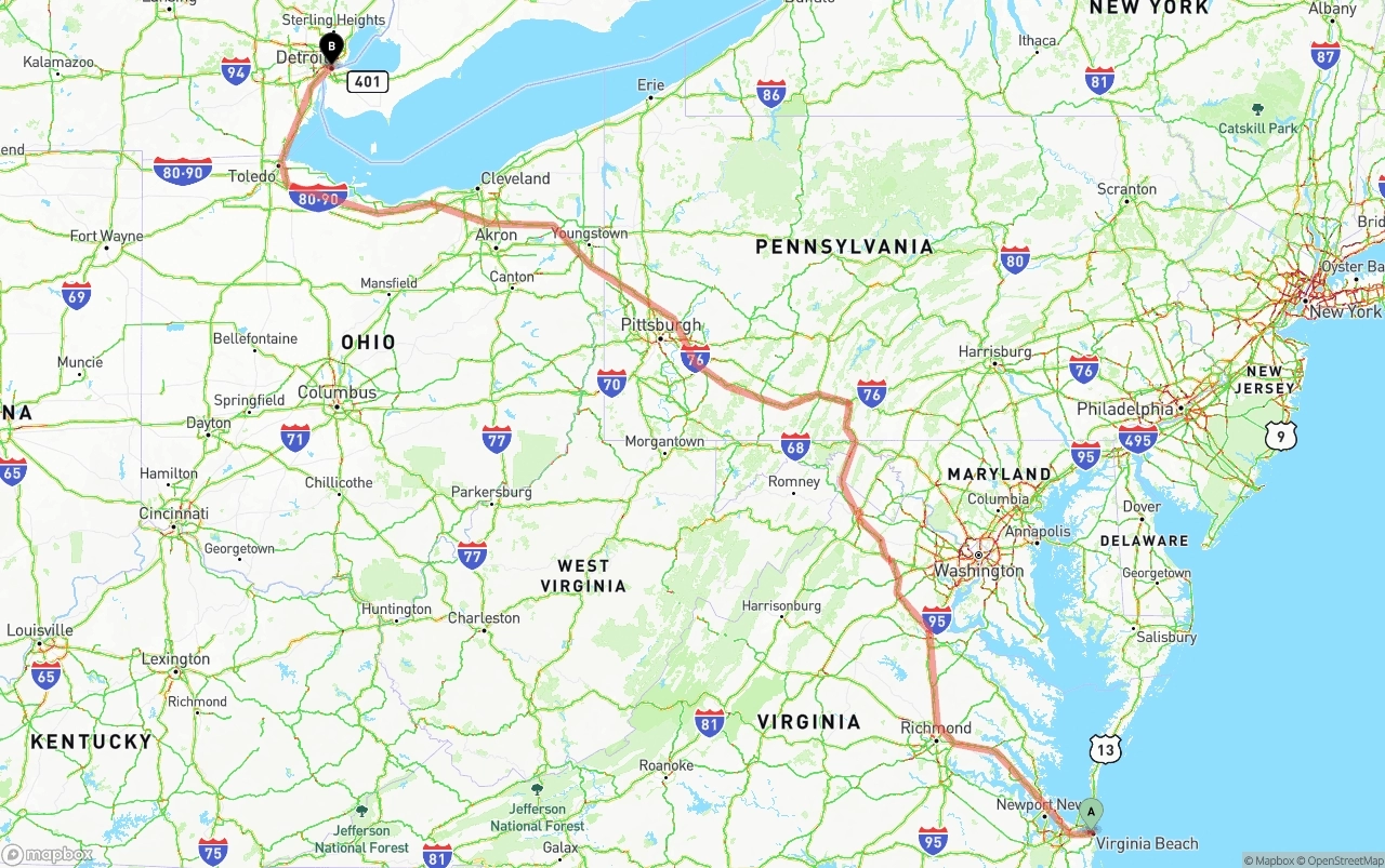 Shipping route from Virginia Beach to Detroit