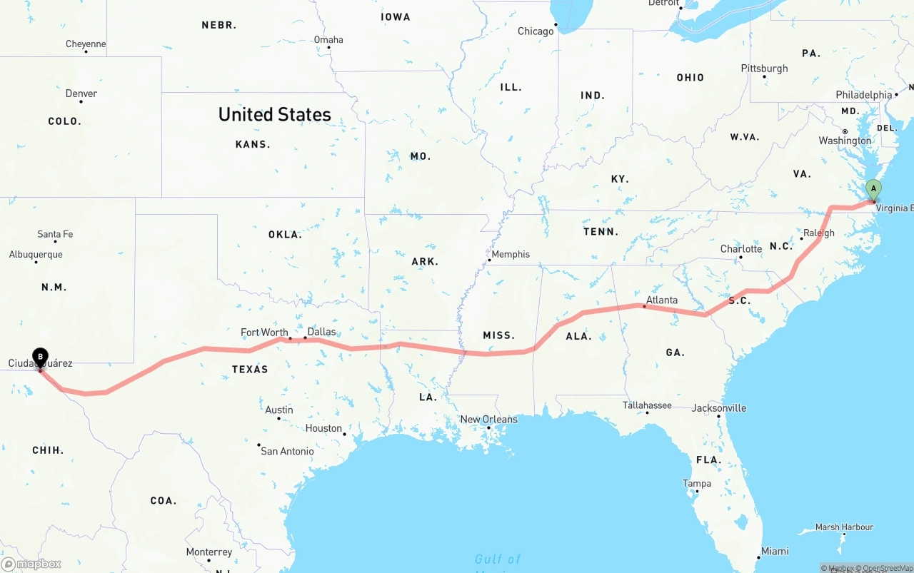 Shipping route from Virginia Beach to El Paso