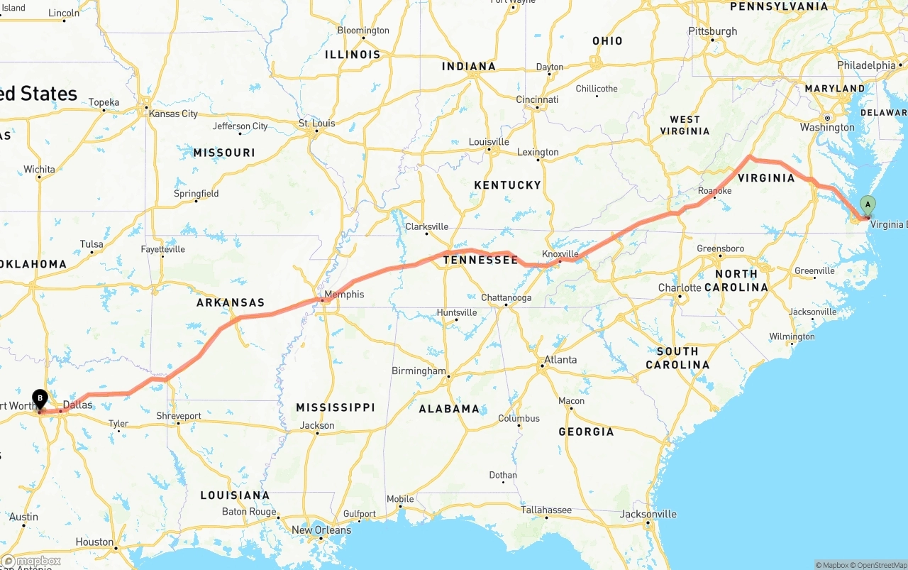 Shipping route from Virginia Beach to Fort Worth