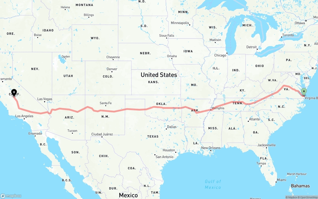 Shipping route from Virginia Beach to Fresno