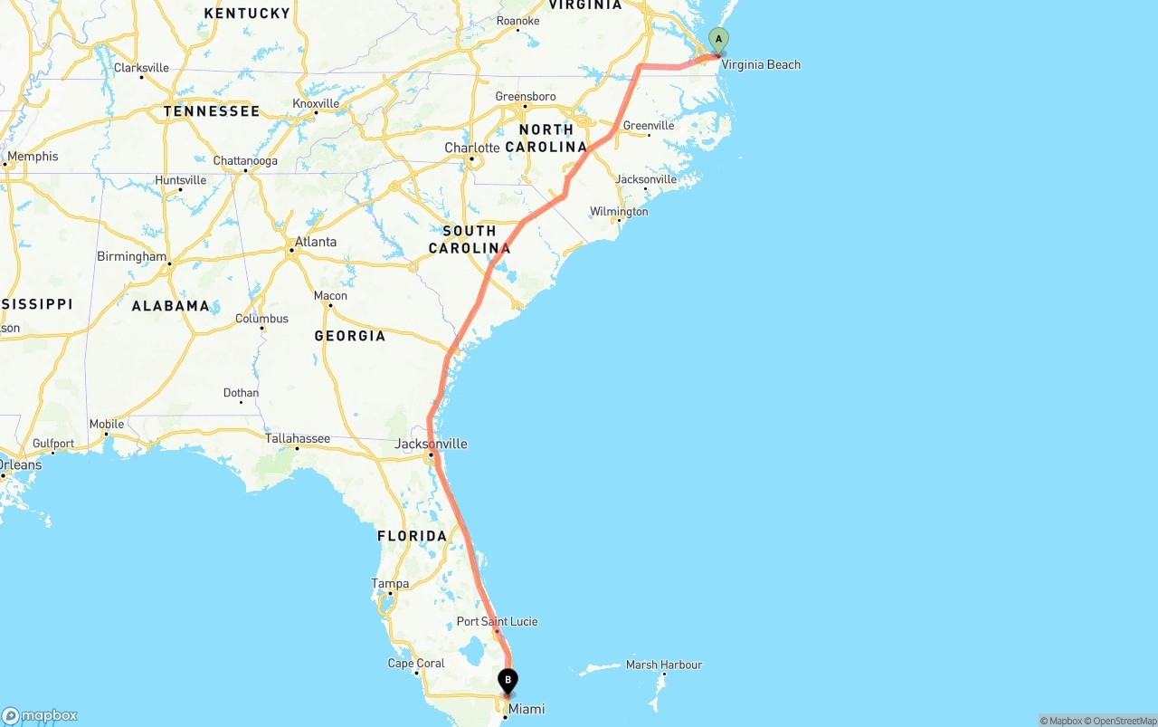Shipping route from Virginia Beach to Ft. Lauderdale