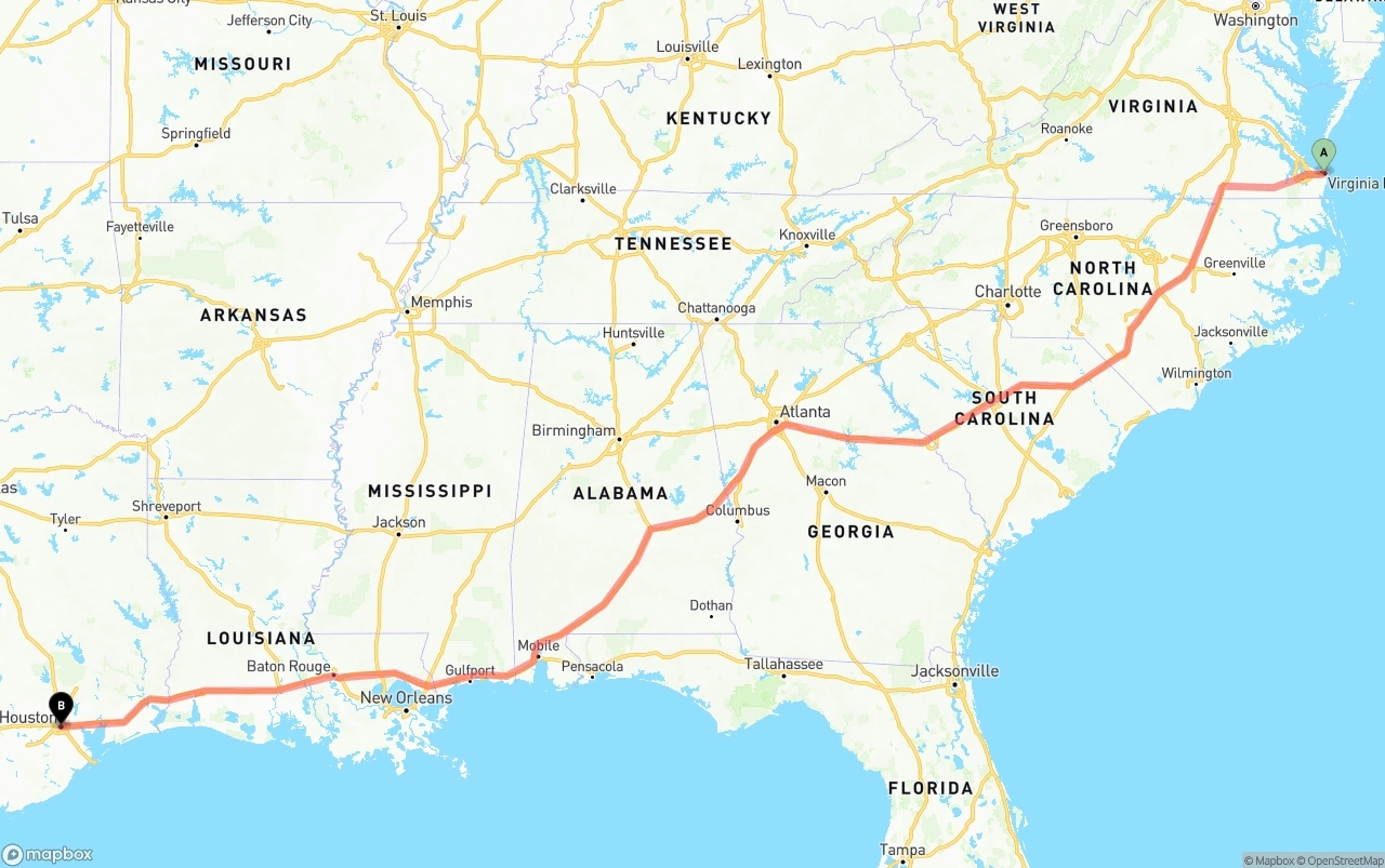 Shipping route from Virginia Beach to Houston
