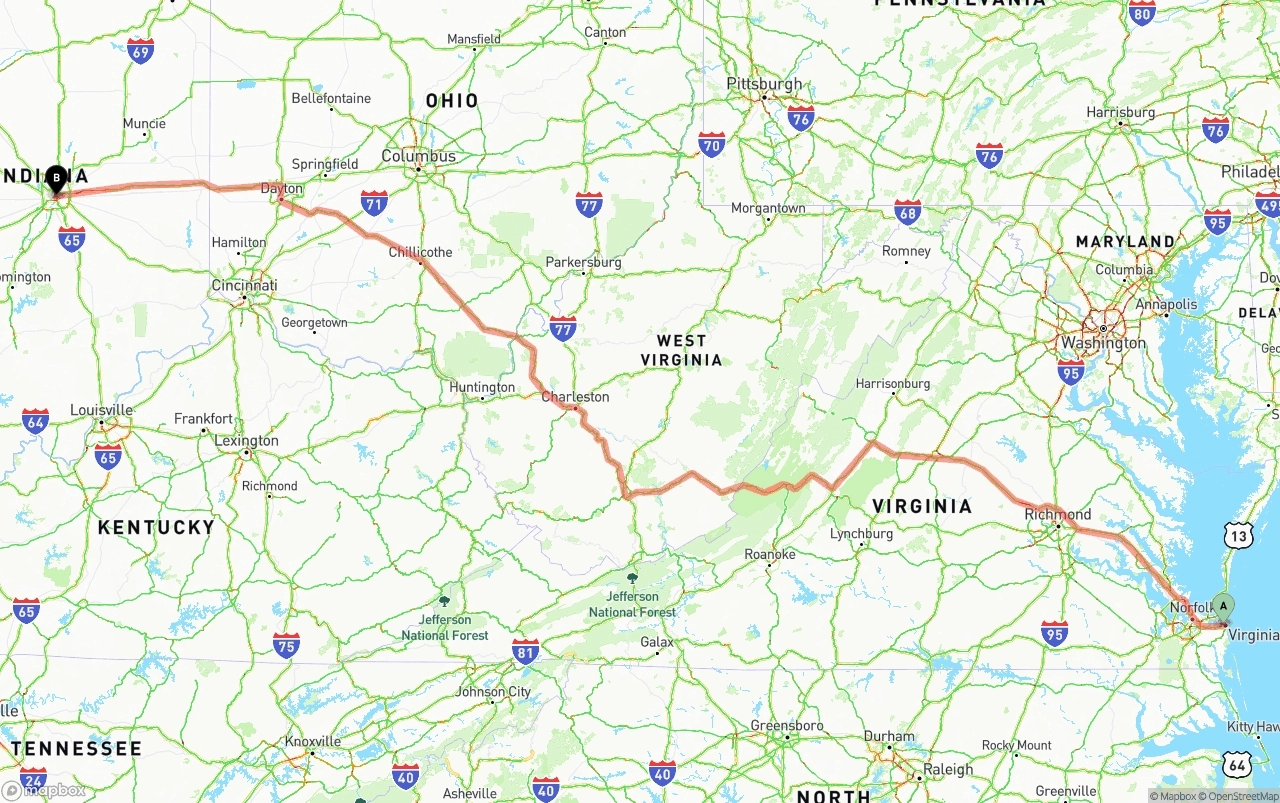 Shipping route from Virginia Beach to Indianapolis