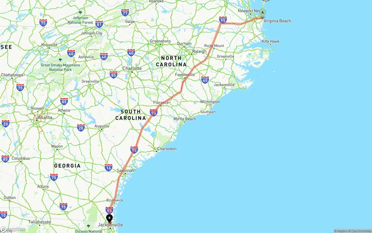 Shipping route from Virginia Beach to Jacksonville International Airport