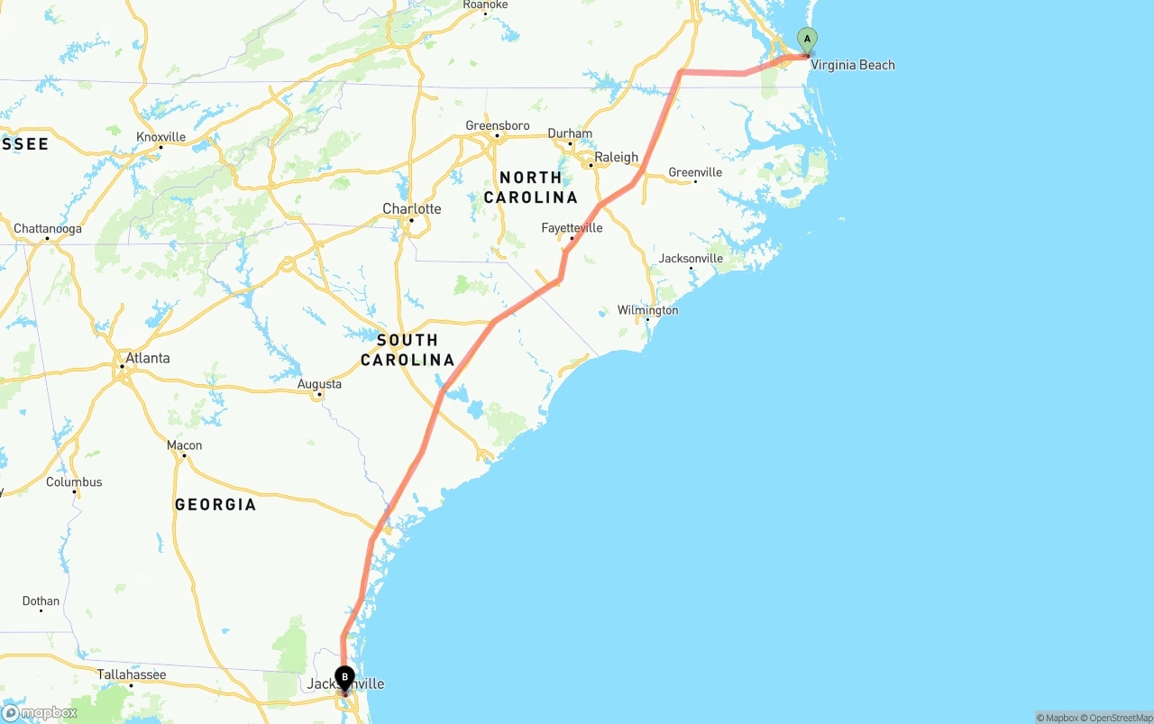 Shipping route from Virginia Beach to Jacksonville