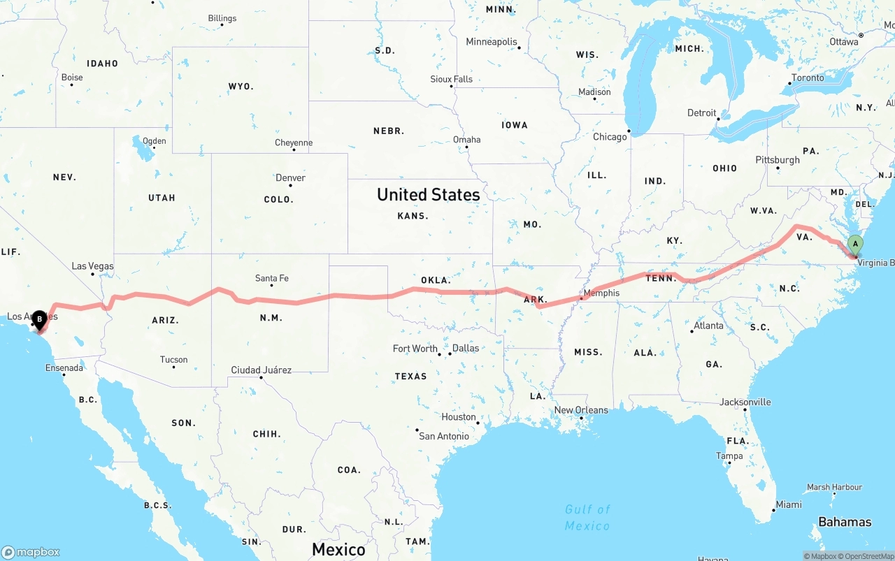 Shipping route from Virginia Beach to John Wayne Airport — Orange County