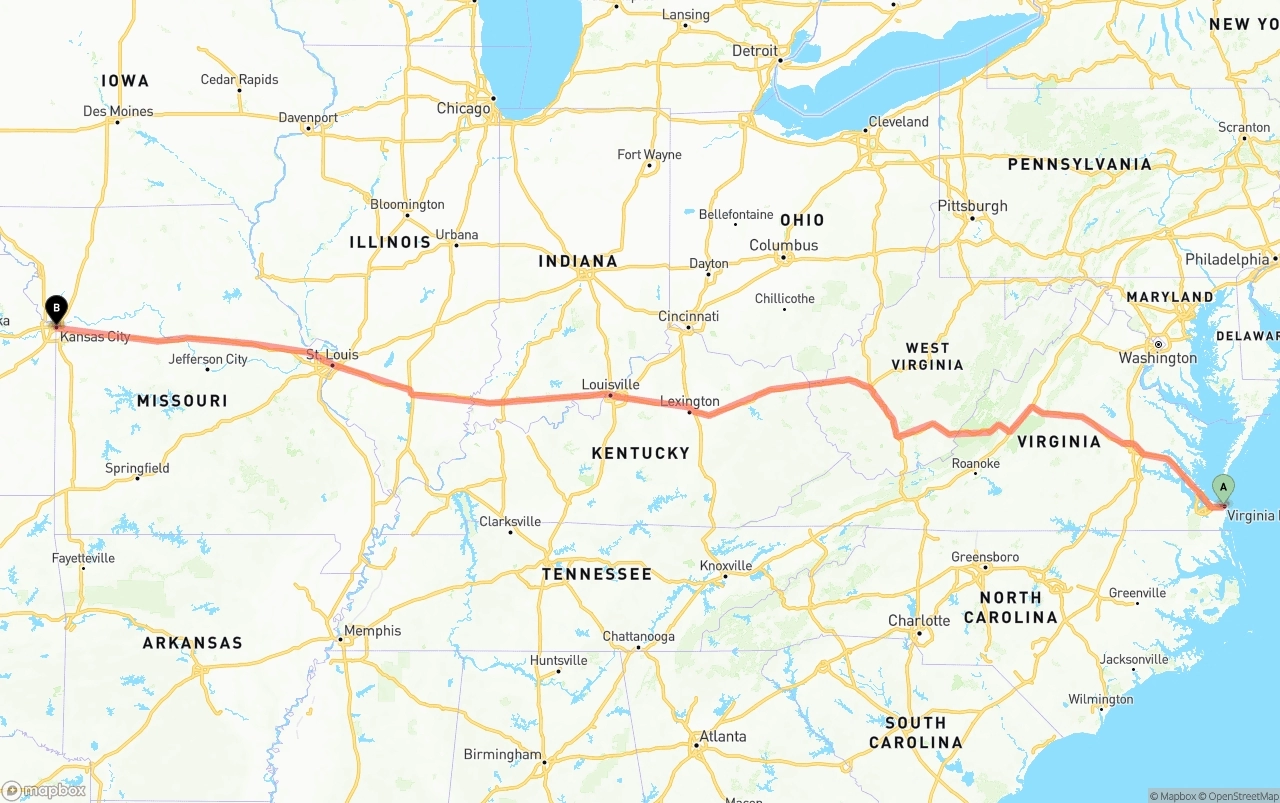 Shipping route from Virginia Beach to Kansas City