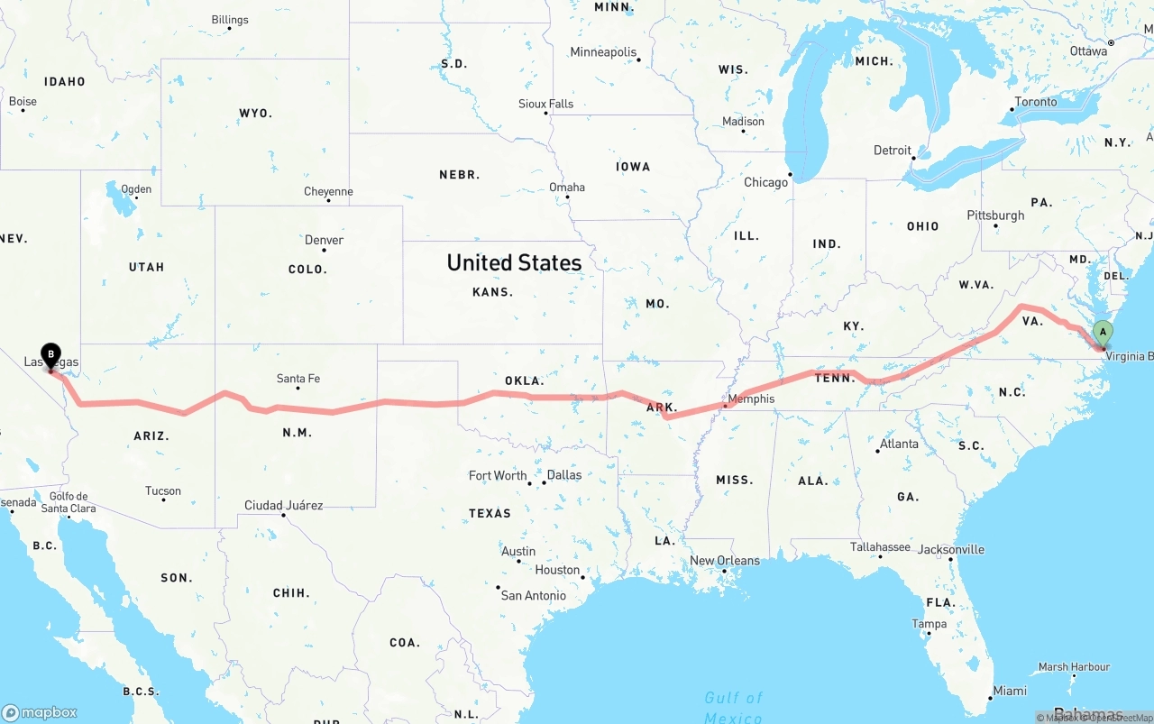 Shipping route from Virginia Beach to Las Vegas