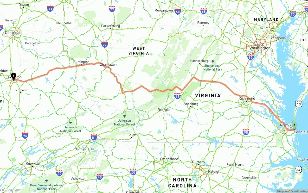 Shipping route from Virginia Beach to Lexington