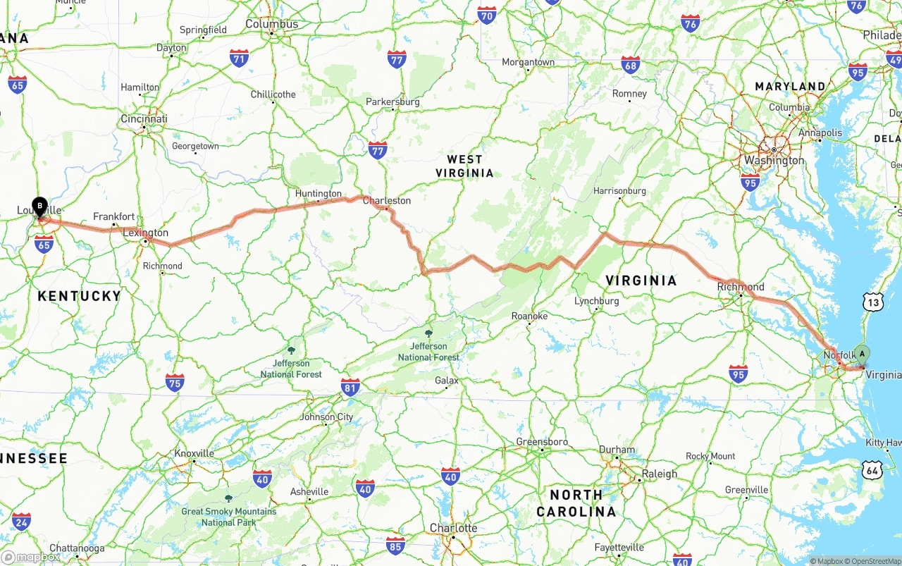 Shipping route from Virginia Beach to Louisville