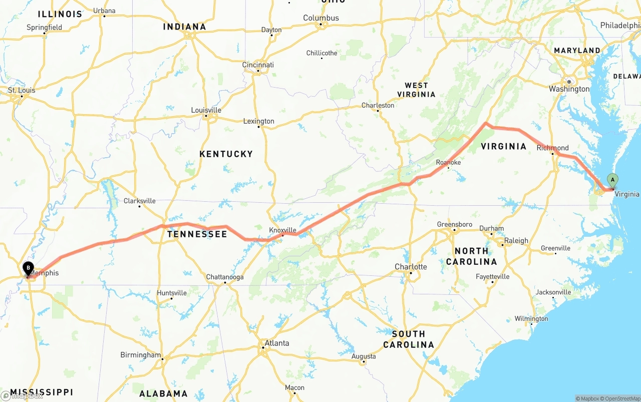 Shipping route from Virginia Beach to Memphis
