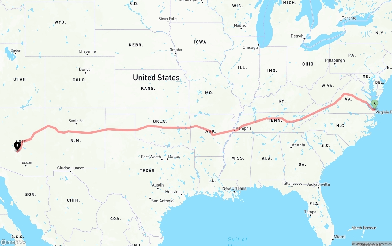 Shipping route from Virginia Beach to Mesa