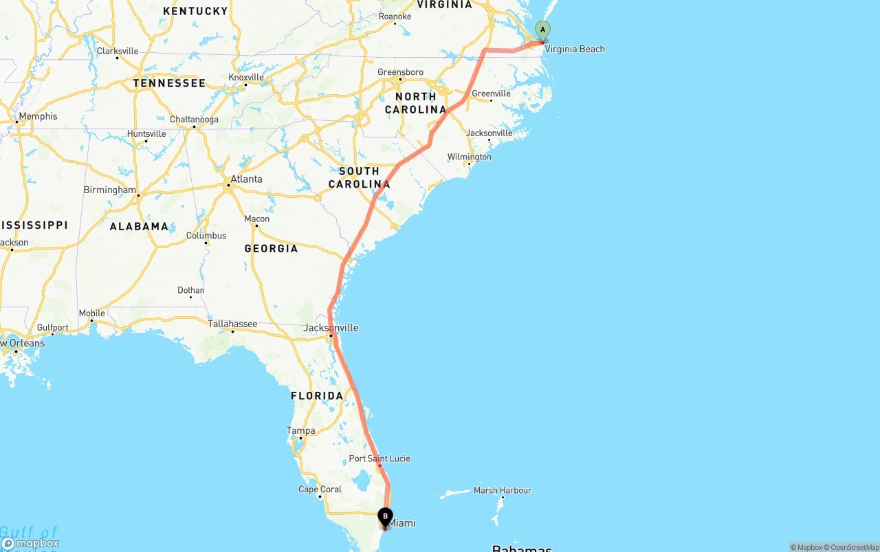 Shipping route from Virginia Beach to Miami