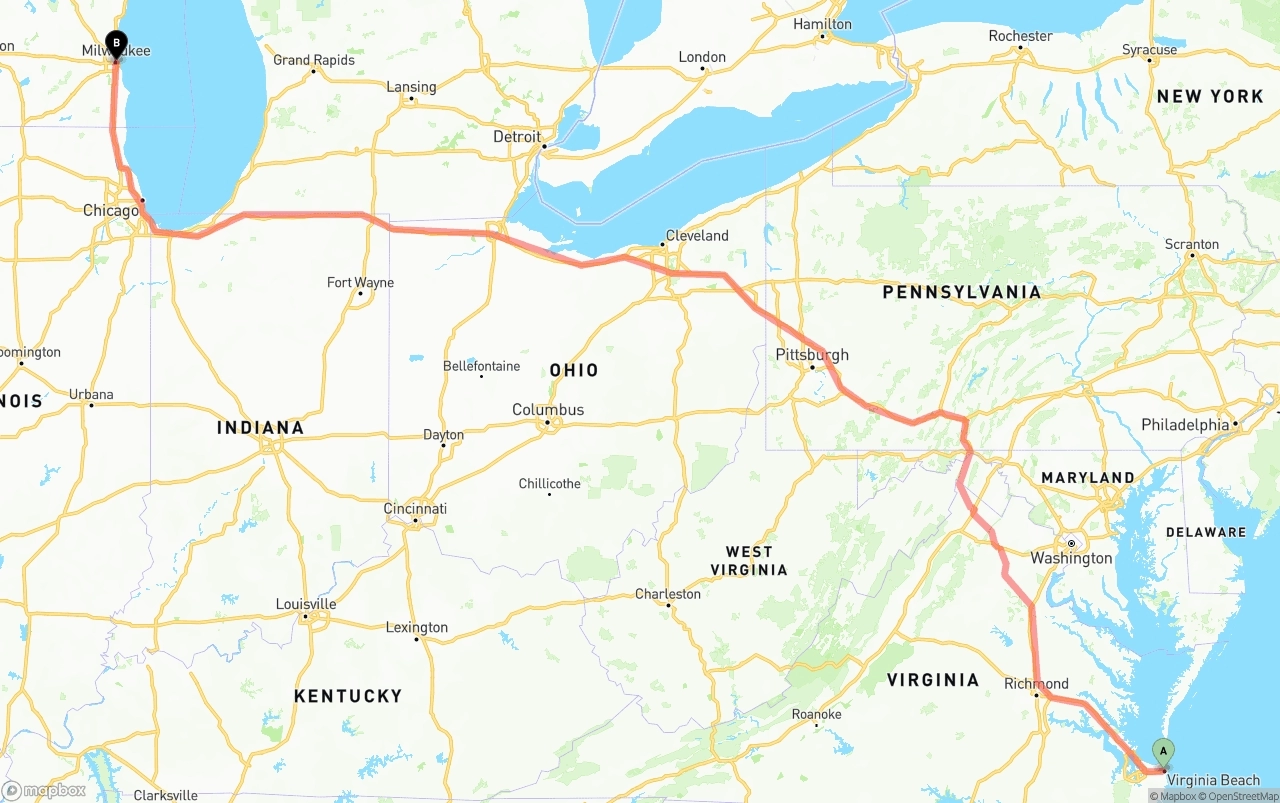 Shipping route from Virginia Beach to Milwaukee