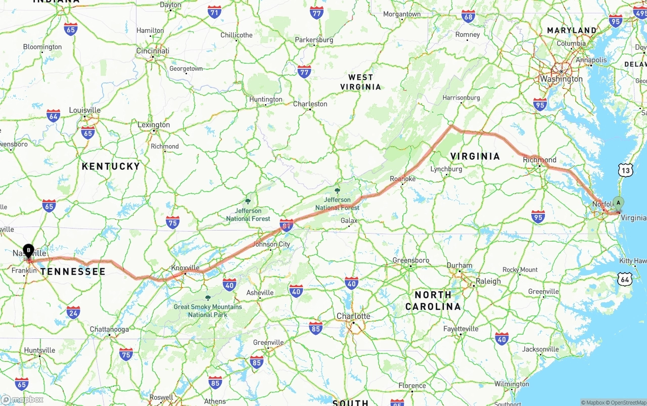 Shipping route from Virginia Beach to Nashville
