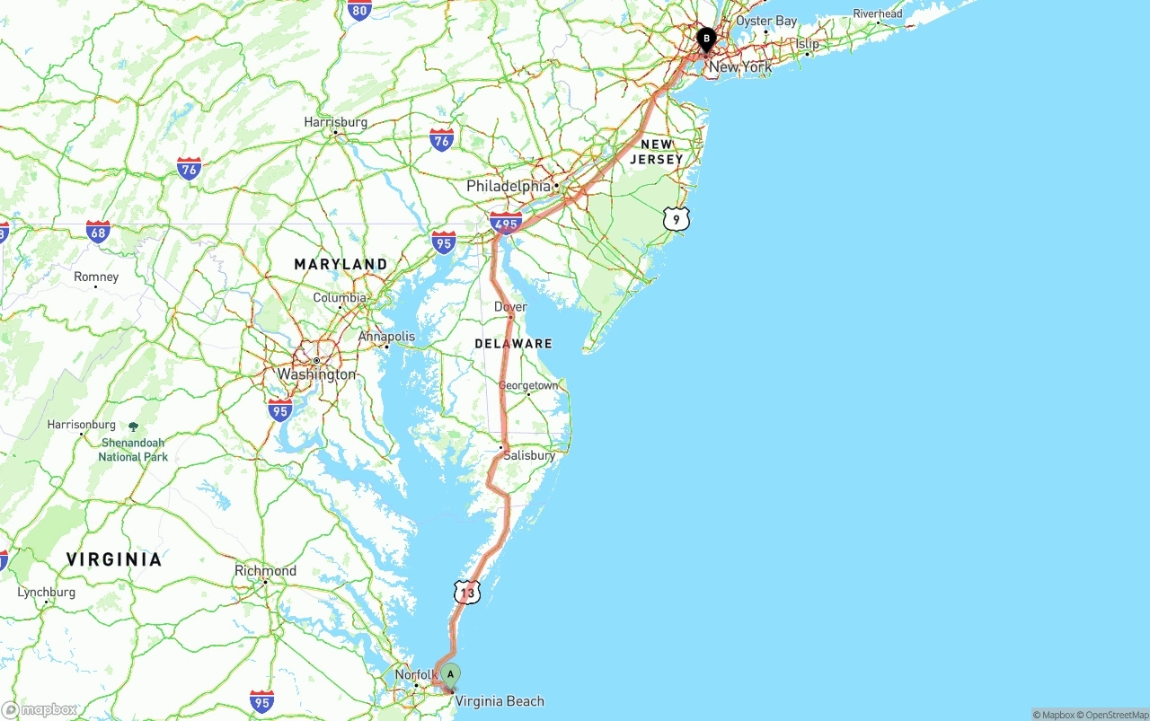 Shipping route from Virginia Beach to New York City