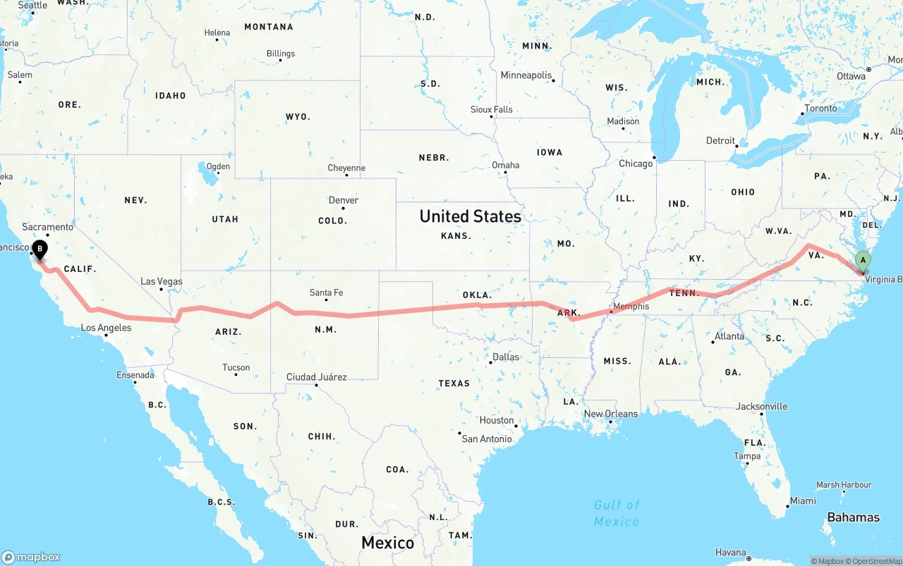 Shipping route from Virginia Beach to Norman Y. Mineta San Jose International Airport