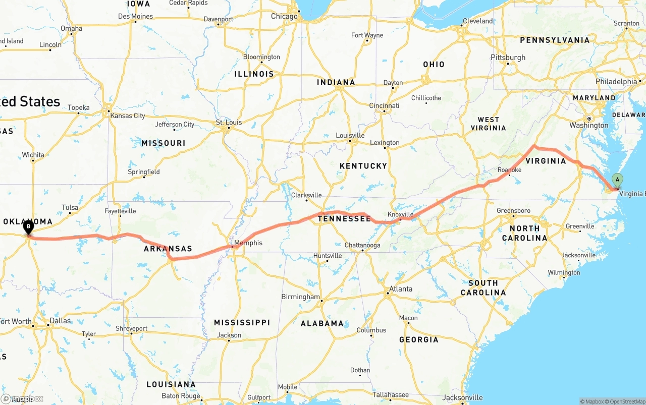 Shipping route from Virginia Beach to Oklahoma City