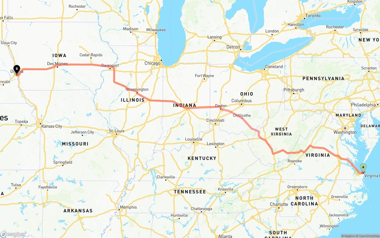 Shipping route from Virginia Beach to Omaha