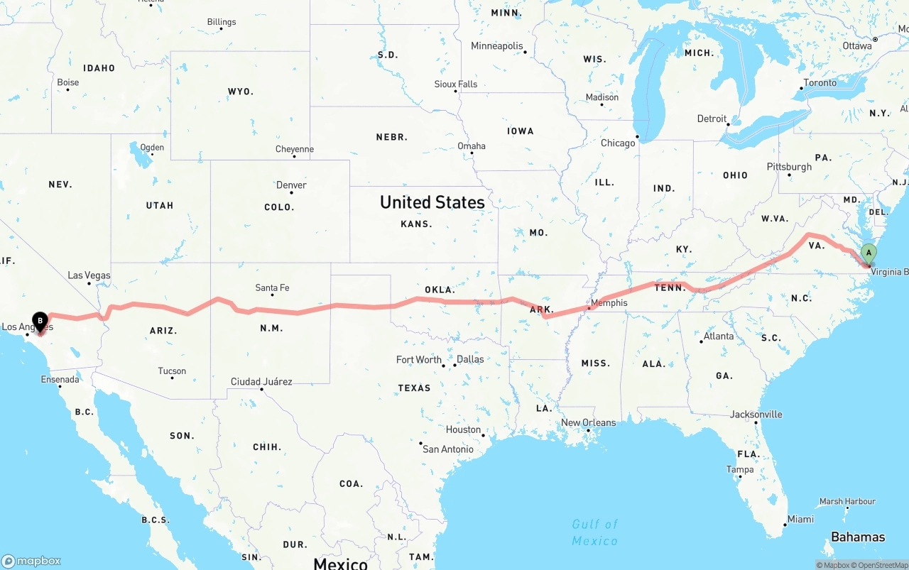 Shipping route from Virginia Beach to Ontario International Airport
