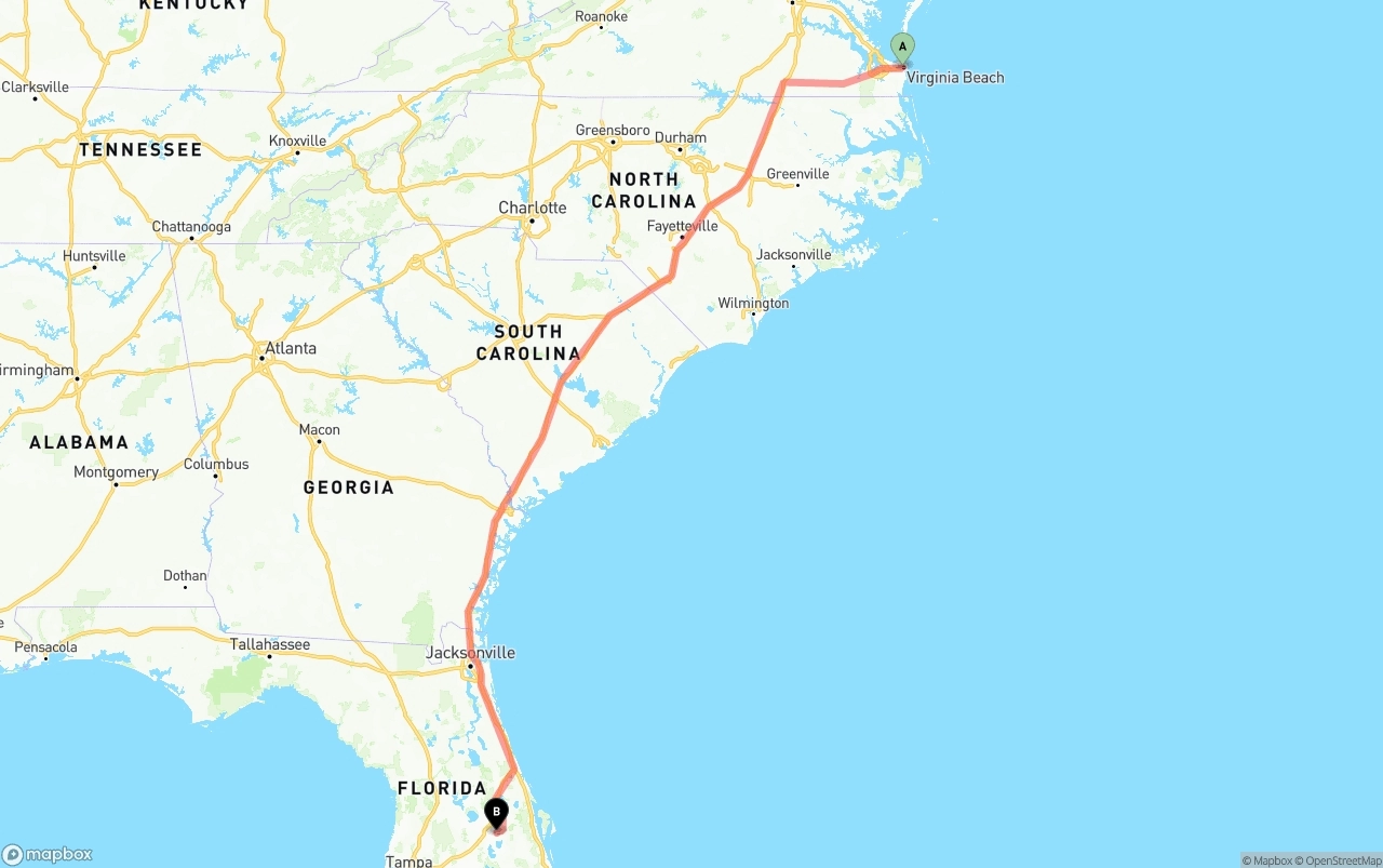 Shipping route from Virginia Beach to Orlando International Airport