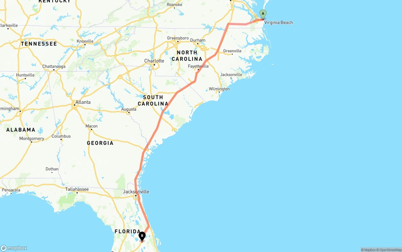 Shipping route from Virginia Beach to Orlando