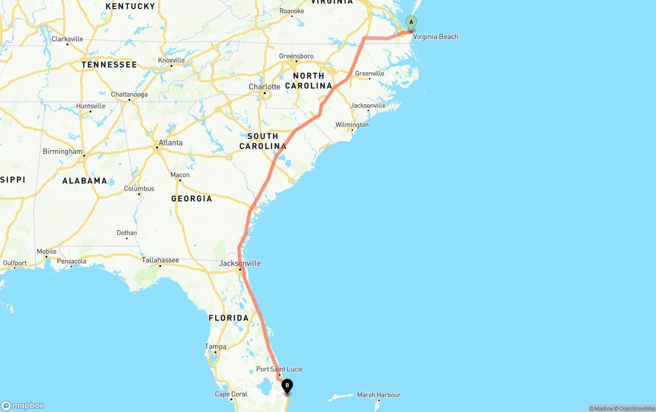 Shipping route from Virginia Beach to Palm Beach International Airport