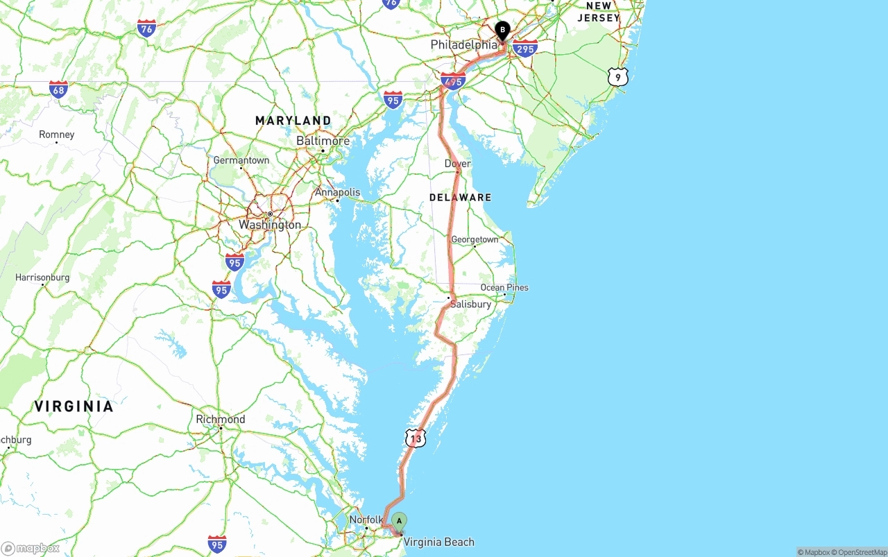 Shipping route from Virginia Beach to Philadelphia