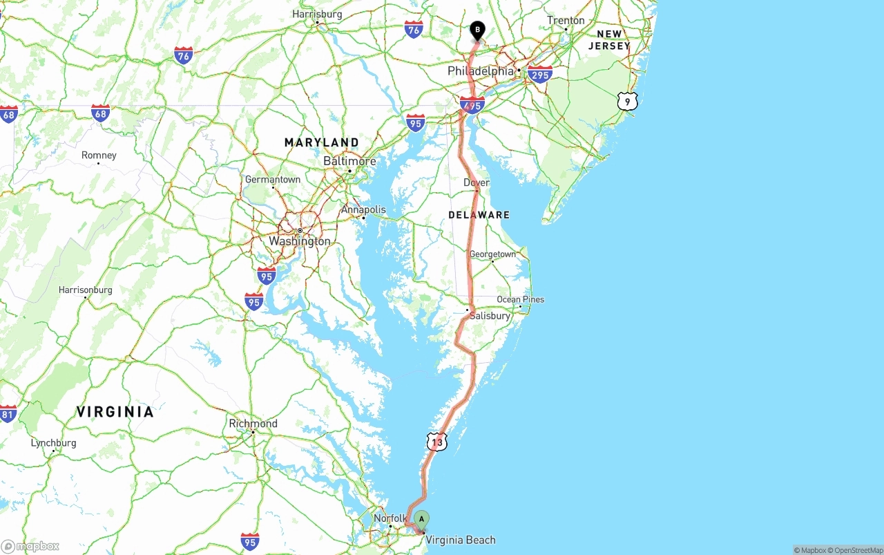 Shipping route from Virginia Beach to Phoenix