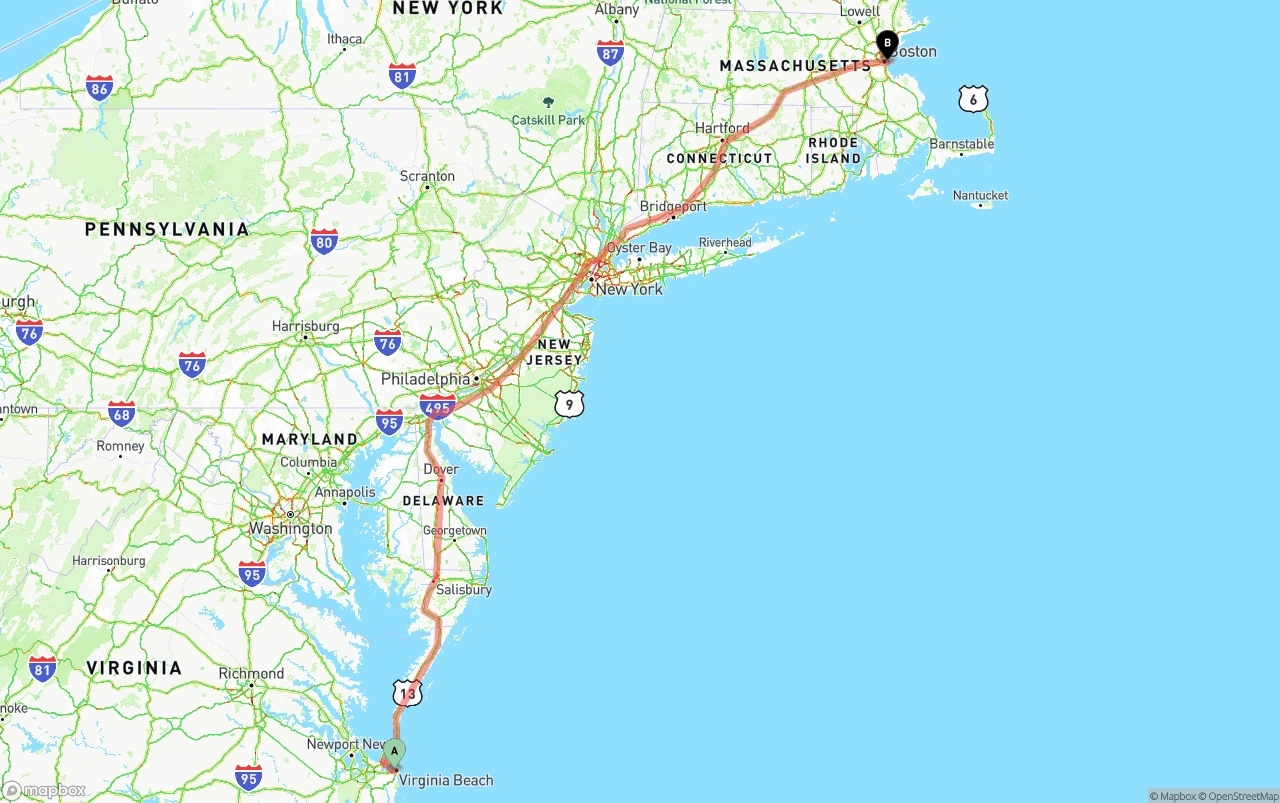 Shipping route from Virginia Beach to Port of Boston