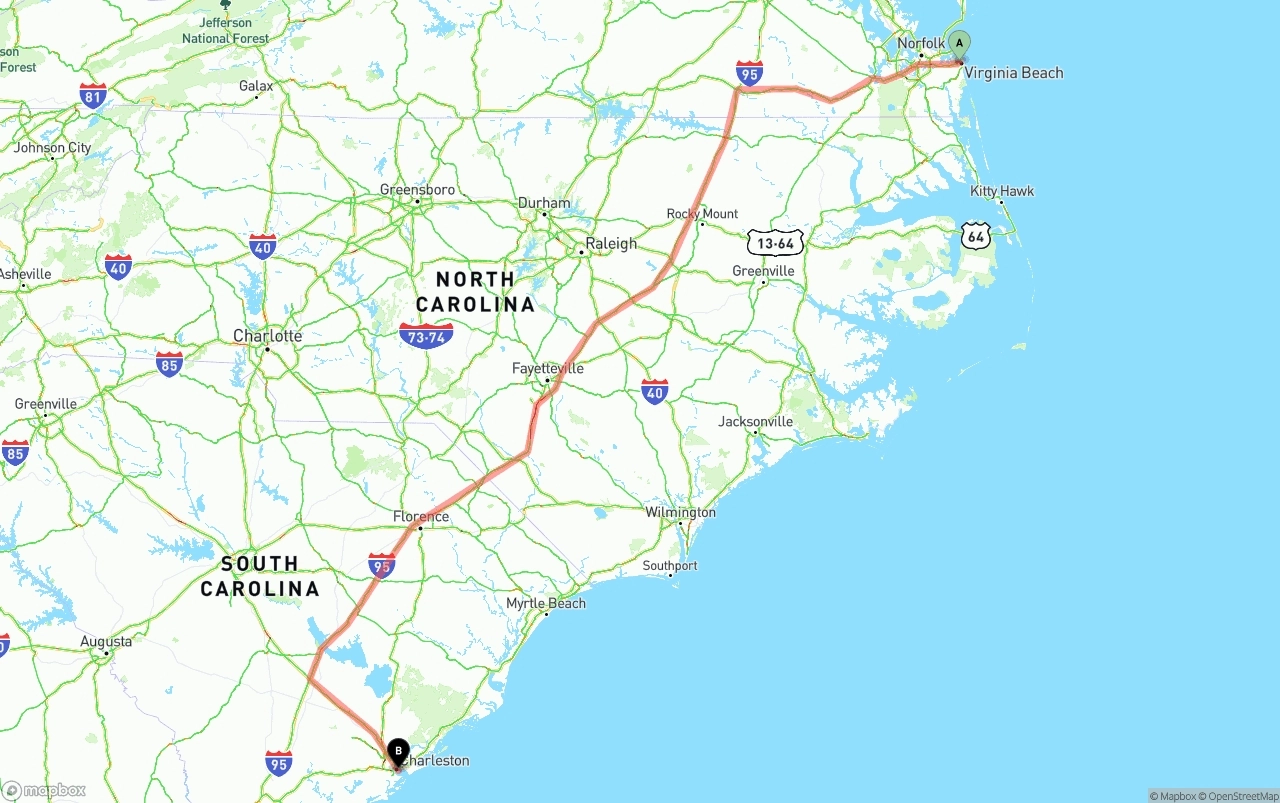 Shipping route from Virginia Beach to Port of Charleston