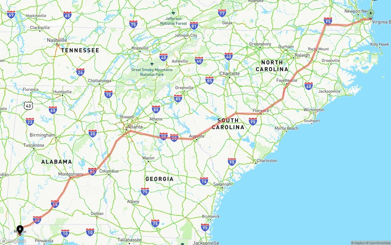 Shipping route from Virginia Beach to Port of Mobile